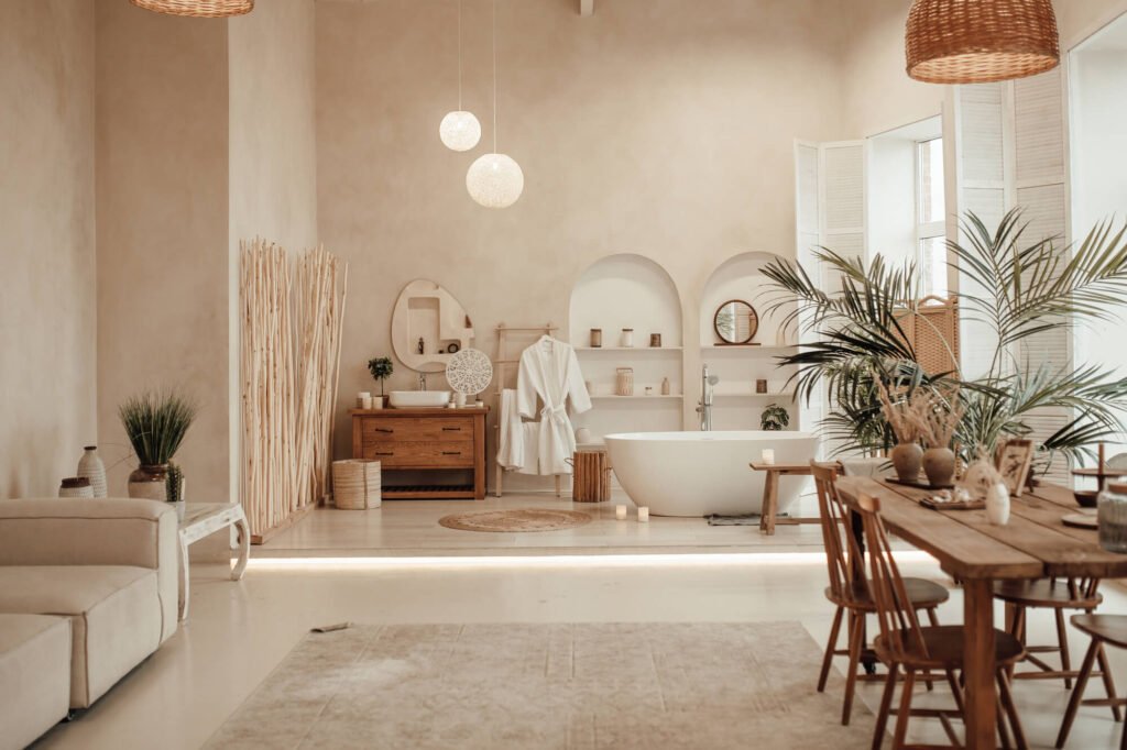 Salle de bain neutre et lumineuse, ambiance détente